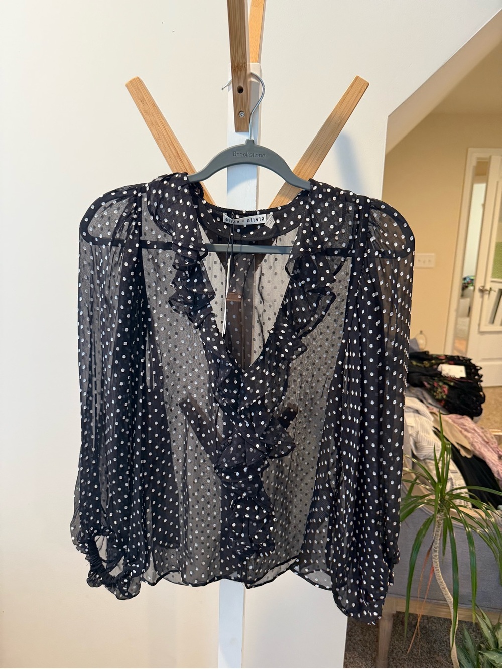 Alice + Olivia Black Polka Dot Ruffle Sheer Blouse